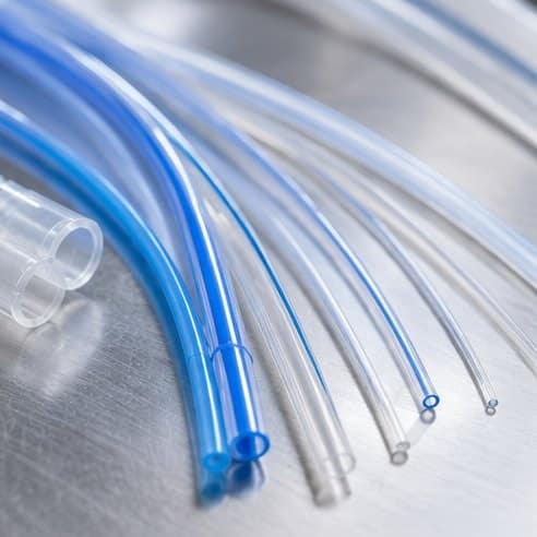 Medical catheter tubing in blue and clear polymer