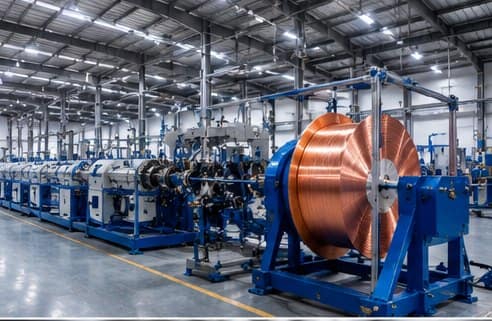 Cable extrusion production hall with copper wire spool