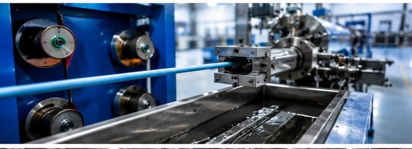 Cable pay-off unit and cooling trough on an extrusion line