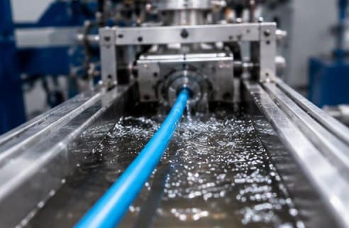 Insulated cable passing through a cooling trough