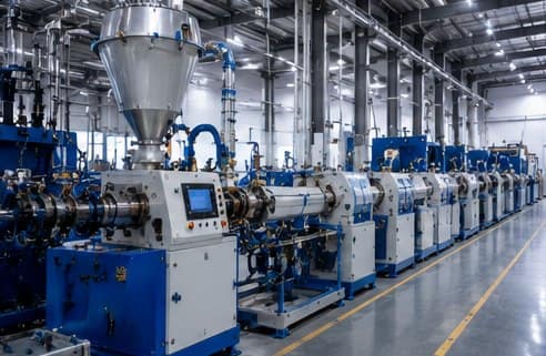 Cable extrusion line with material feed hopper