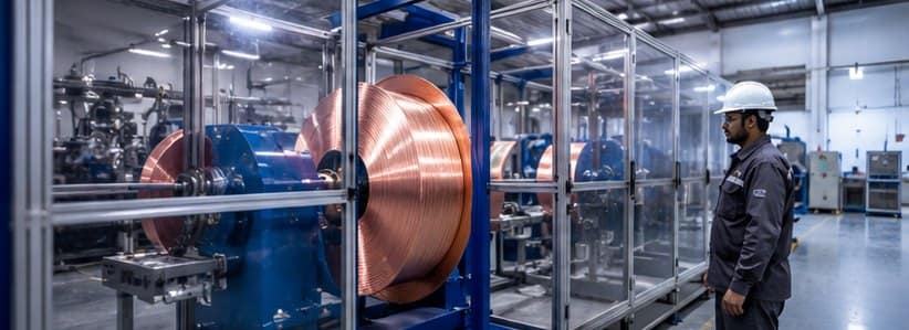 Copper wire take-up spool on a cable extrusion line