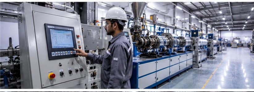 Engineer operating a cable extrusion line control panel