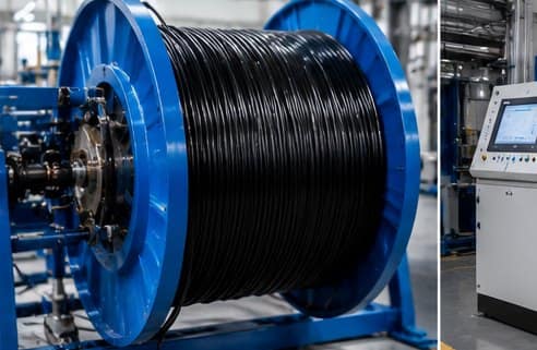 Finished cable wound on a take-up drum