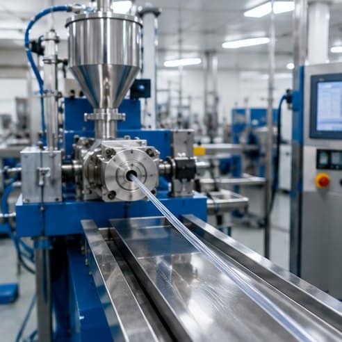 Medical tubing extrusion line producing clear tubing
